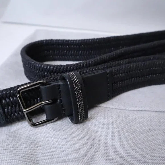 Brunello Cucinelli Belt Black Raffia Monili Leather Trim Stretch Size Medium - Picture 7 of 7